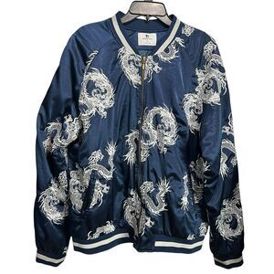 Standard Issue NYC Satin Bomber Jacket Mens XL Blue Japanese Dragon Embroidered